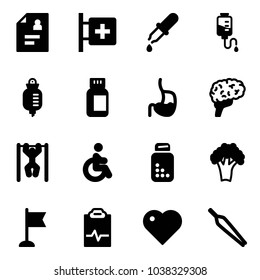 Solid vector icon set - patient card vector, first aid room, pipette, drop counter, pills bottle, stomach, brain, pull ups, disabled, broccoli, flag, pulse clipboard, heart, forceps