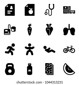 Solid vector icon set - patient card vector, diet list, stethoscope, hospital building, tonometer, carrot, heart, lungs, run, gymnastics, abdominal muscles, bike, weight, milk, breads, watermelone