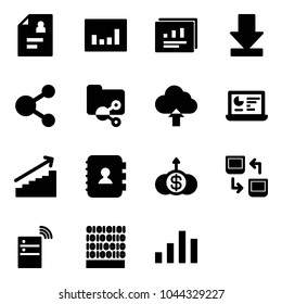 Solid vector icon set - patient card vector, statistics, report, download, share, shared folder, upload cloud, monitor, growth, contact book, dollar, data exchange, server wireless, binary code