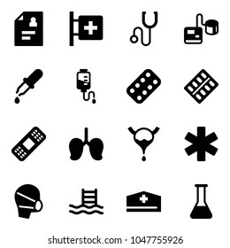 Solid vector icon set - patient card vector, first aid room, stethoscope, tonometer, pipette, drop counter, pills blister, medical patch, lungs, bladder, ambulance star, mask, pool, doctor hat