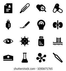 Solid vector icon set - patient card vector, thermometer, heart diagnosis, pills, drop counter, scalpel, mri, kidneys, eye, virus, bottle, pool, doctor hat, flask, molecule, forceps