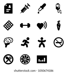 Solid vector icon set - patient card vector, syringe, pipette, drop counter, pills blister, barbell, heart beat, carrot, brain, run, gymnastics, no smoking sign, fork spoon plate, lemon slice