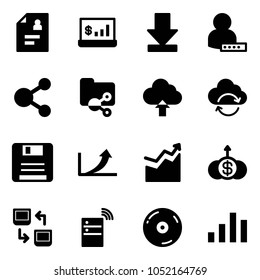 Solid vector icon set - patient card vector, account statistics, download, user password, share, shared folder, upload cloud, refresh, save, growth arrow, dollar, data exchange, server wireless, cd