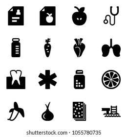 Solid vector icon set - patient card vector, diet list, apple, stethoscope, vial, carrot, heart, lungs, tooth, ambulance star, pills bottle, lemon slice, banana, onion, breads, pool