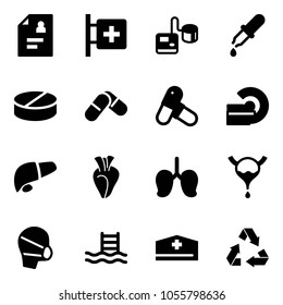 Solid vector icon set - patient card vector, first aid room, tonometer, pipette, pill, pills, mri, liver, heart, lungs, bladder, medical mask, pool, doctor hat, recycling