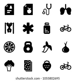 Solid vector icon set - patient card vector, diet list, stethoscope, lungs, pull ups, ambulance star, pills bottle, bike, lemon slice, weight, banana, onion, broccoli, breads, strawberry