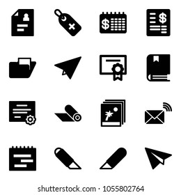 Solid vector icon set - patient card vector, medical label, finance calendar, account statement, folder, paper plane, certificate, book, mat, photo, wireless mail, terms plan, work knife