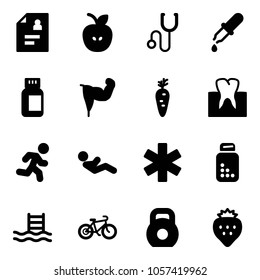 Solid vector icon set - patient card vector, apple, stethoscope, pipette, pills bottle, power hand, carrot, tooth, run, abdominal muscles, ambulance star, pool, bike, weight, strawberry