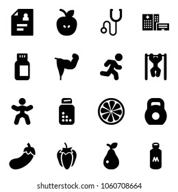 Solid vector icon set - patient card vector, apple, stethoscope, hospital building, pills bottle, power hand, run, pull ups, gymnastics, lemon slice, weight, eggplant, sweet pepper, pear, milk