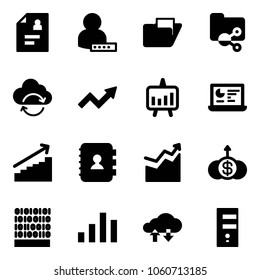 Solid vector icon set - patient card vector, user password, folder, shared, refresh cloud, growth arrow, presentation chart, statistics monitor, contact book, dollar, binary code, exchange data