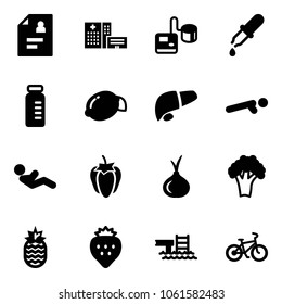 Solid vector icon set - patient card vector, hospital building, tonometer, pipette, vial, lemon, liver, push ups, abdominal muscles, sweet pepper, onion, broccoli, pineapple, strawberry, pool, bike