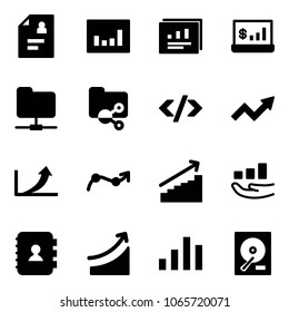 Solid vector icon set - patient card vector, statistics, report, account, network folder, shared, tag code, growth arrow, chart point, contact book, rise, hdd