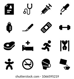 Solid vector icon set - patient card vector, stethoscope, syringe, pipette, drop counter, scalpel, medical patch, barbell, meat, hospital bed, run, pull ups, gymnastics, no smoking sign, mask