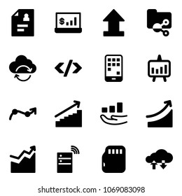 Solid vector icon set - patient card vector, account statistics, uplooad, shared folder, refresh cloud, tag code, mobile, presentation chart, point arrow, growth, rise, server wireless, micro flash