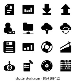 Solid vector icon set - patient card vector, statistics, download, uplooad, user password, network folder, upload cloud, refresh, save, circle chart, growth, dollar, server wireless, cd, binary code