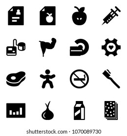 Solid vector icon set - patient card vector, diet list, apple, syringe, tonometer, power hand, mri, heart gear, meat, gymnastics, no smoking sign, tooth brush, statistics, onion, milk, breads