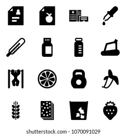 Solid vector icon set - patient card vector, diet list, hospital building, pipette, thermometer, pills bottle, vial, treadmill, pull ups, lemon slice, weight, banana, spica, breads, garbage