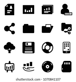 Solid vector icon set - patient card vector, statistics, report, user password, share, folder, shared, upload cloud, save, circle chart, mobile, presentation, growth, cd, micro flash