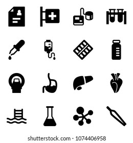 Solid vector icon set - patient card vector, first aid room, tonometer, vial, pipette, drop counter, pills blister, mri, stomach, liver, heart, pool, flask, molecule, forceps
