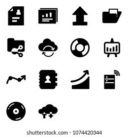 Solid vector icon set - patient card vector, statistics report, uplooad, folder, shared, refresh cloud, circle chart, presentation, point arrow, contact book, rise, server wireless, cd