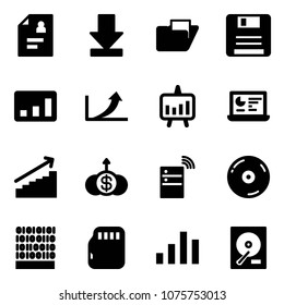 Solid vector icon set - patient card vector, download, folder, save, statistics, growth arrow, presentation chart, monitor, dollar, server wireless, cd, binary code, micro flash, hdd