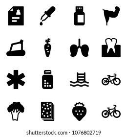 Solid vector icon set - patient card vector, pipette, pills bottle, power hand, treadmill, carrot, lungs, tooth, ambulance star, pool, bike, broccoli, breads, strawberry