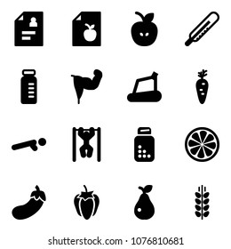 Solid vector icon set - patient card vector, diet list, apple, thermometer, vial, power hand, treadmill, carrot, push ups, pull, pills bottle, lemon slice, eggplant, sweet pepper, pear, spica