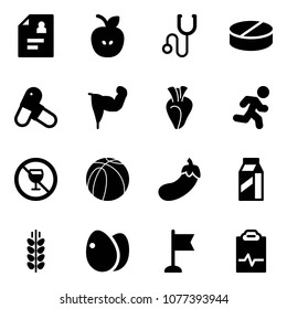 Solid vector icon set - patient card vector, apple, stethoscope, pill, pills, power hand, heart, run, no alcohol sign, basketball ball, eggplant, milk, spica, eggs, flag, pulse clipboard
