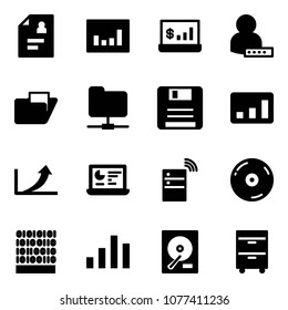 Solid vector icon set - patient card vector, statistics, account, user password, folder, network, save, growth arrow, monitor, server wireless, cd, binary code, chart, hdd, tool cabinet