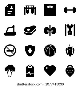 Solid vector icon set - patient card vector, vial, floor scales, barbell, treadmill, meat, kidneys, pull ups, no smoking sign, basketball ball, sweet pepper, broccoli, pulse clipboard, heart