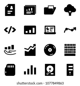 Solid vector icon set - patient card vector, statistics report, folder, upload cloud, tag code, monitor, chart point arrow, growth, cd, binary, micro flash, hdd, server