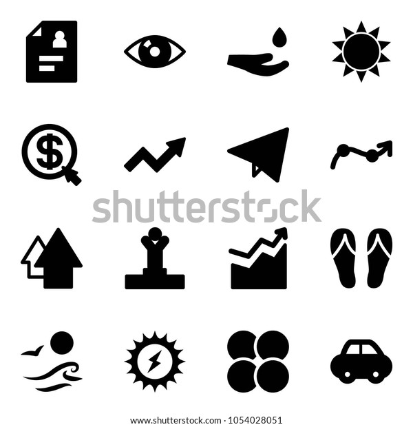 Solid vector icon set\
- patient card vector, eye, drop hand, sun, money click, growth\
arrow, paper fly, chart point, up, winner, flip flops, waves,\
power, atom core, car