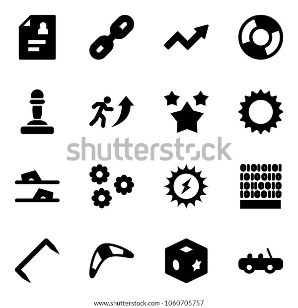 Solid vector icon
set - patient card vector, link, growth arrow, circle chart, pawn,
career, stars, sun, flip flops, flower, power, binary code, staple,
boomerang, cube toy, car