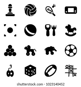 Solid vector icon set - pawn vector, volleyball, badminton, game console, record button, ball, shovel fork toy, rocking horse, billiards balls, wheel, elephant, soccer, yoyo, bones, football