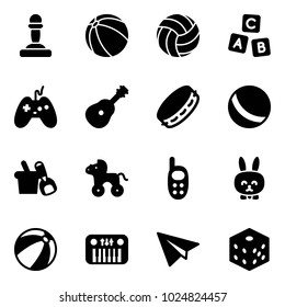 Solid vector icon set - pawn vector, ball, volleyball, abc cube, joystick, guitar, tambourine, shovel bucket, wheel horse, phone toy, rabbit, beach, piano, paper plane, bones