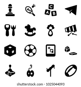 Solid vector icon set - pawn vector, badminton, abc cube, paper plane, shovel fork toy, rocking horse, beanbag, xylophone, soccer ball, game console, constructor blocks, wirligig, yoyo, windmill