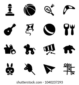 Solid vector icon set - pawn vector, ball, badminton, boomerang, guitar, kite, shovel fork toy, bucket, wheel horse, xylophone, elephant, rabbit, unicorn stick, paper plane, Tic tac toe