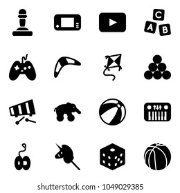 Solid vector icon set - pawn vector, game console, playback, abc cube, joystick, boomerang, kite, billiards balls, xylophone, elephant wheel, beach ball, toy piano, yoyo, unicorn stick, bones