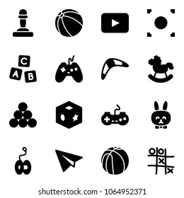 Solid vector icon set - pawn vector, ball, playback, record button, abc cube, joystick, boomerang, rocking horse, billiards balls, toy, gamepad, rabbit, yoyo, paper plane, basketball, Tic tac toe