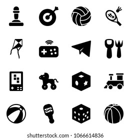 Solid vector icon set - pawn vector, target, volleyball, badminton, kite, joystick wireless, paper plane, shovel fork toy, game console, wheel horse, cube, train, beach ball, beanbag, bones