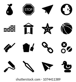 Solid vector icon set - pear vector, stop road sign, paper plane, globe, brick wall, pennant, starfish, ball, suitcase, bucket scoop, link, rivet, paint roller, forceps, toy duck
