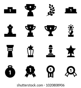 Solid vector icon set - pedestal vector, cup, golden branch, winner, win, gold, award, pawn, medal