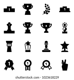 Solid vector icon set - pedestal vector, cup, golden branch, winner, win, gold, award, pawn, medal, victory