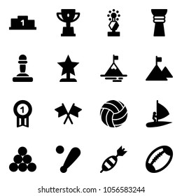 Solid vector icon set - pedestal vector, win cup, award, pawn, mountain, gold medal, flags cross, volleyball, windsurfing, billiards balls, baseball bat, dart, football