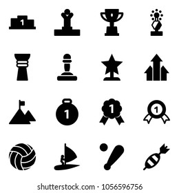 Solid vector icon set - pedestal vector, winner, win cup, award, pawn, arrows up, mountain, gold medal, volleyball, windsurfing, baseball bat, dart