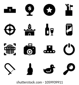 Solid vector icon set - pedestal vector, money tree, star medal, win, target, sand fort, wine, drink, fingerprint scanner, camera, conveyor, standby button, fretsaw, brush, duck toy, beanbag