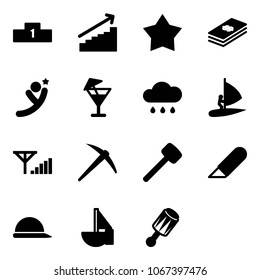 Solid vector icon set - pedestal vector, growth, star medal, dollar, flying man, drink, rain cloud, windsurfing, fine signal, axe, rubber hammer, work knife, construction helmet, sailboat toy