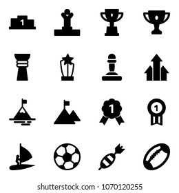 Solid vector icon set - pedestal vector, winner, win cup, gold, award, pawn, arrows up, mountain, medal, windsurfing, soccer ball, dart, football