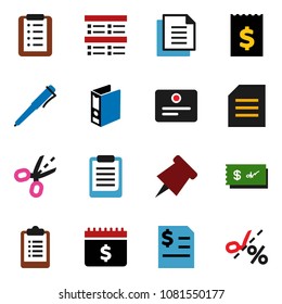 solid vector icon set - pen vector, clipboard, paper pin, certificate, document, exam, annual report, receipt, binder, dollar calendar, shopping list, check, coupon