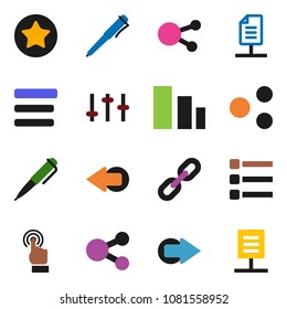 solid vector icon set - pen vector, sorting, settings, touchscreen, social media, favorites, menu, share, arrow, chain, network document